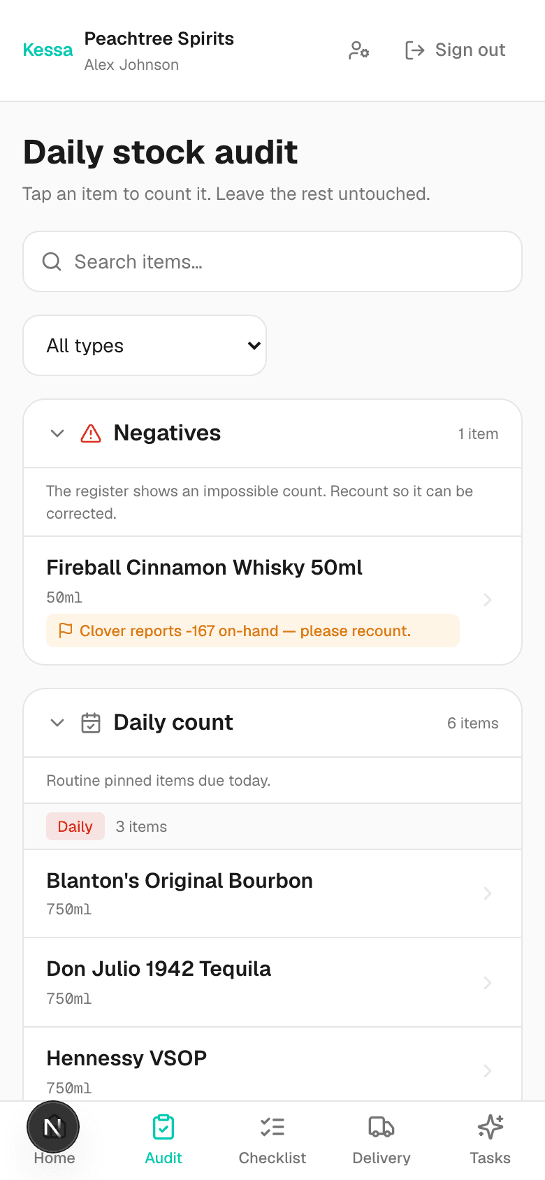 The Kessa employee Hub on a phone: the daily stock count, listing the items assigned to today's floor walk.