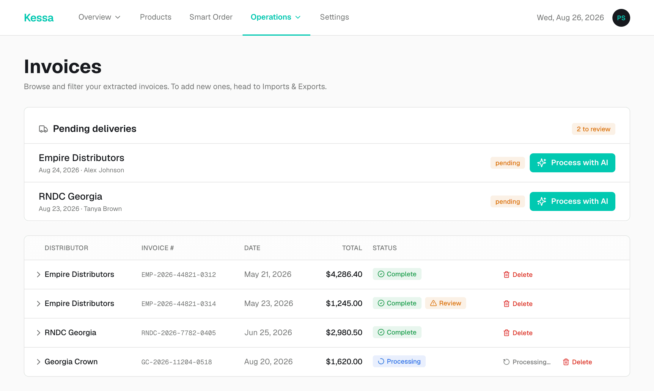 Kessa's Invoices screen: two pending deliveries waiting to be processed, above a table of read invoices with their distributor, number, date and total.