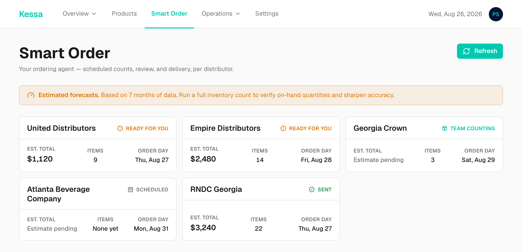 Kessa's Smart Order screen: a card per distributor showing the estimated order total, item count and order day, with their current status.